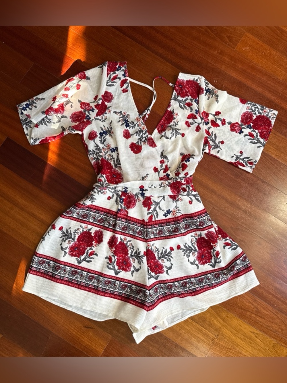White Romper with Red Floral Print